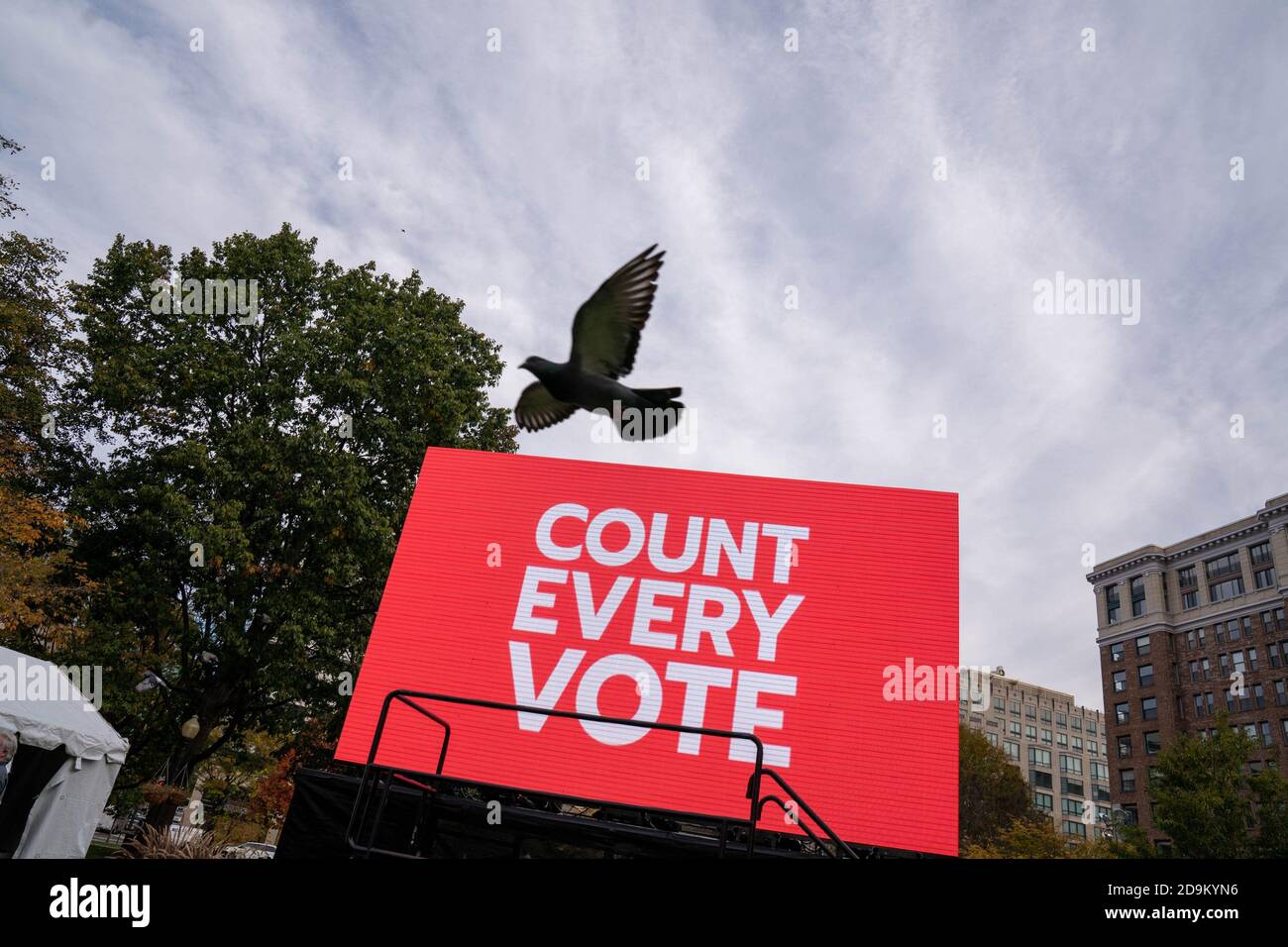 Washington, United States. 06th Nov, 2020. A Jumbotron with 'Count Every Vote' sits waiting for the crowd to show at a Watch Party at McPherson Square for the continuing presidential electoral votes near the White House White House in Washington, DC on Friday, November 6, 2020. Photo by Ken Cedeno/UPI Credit: UPI/Alamy Live News Stock Photo