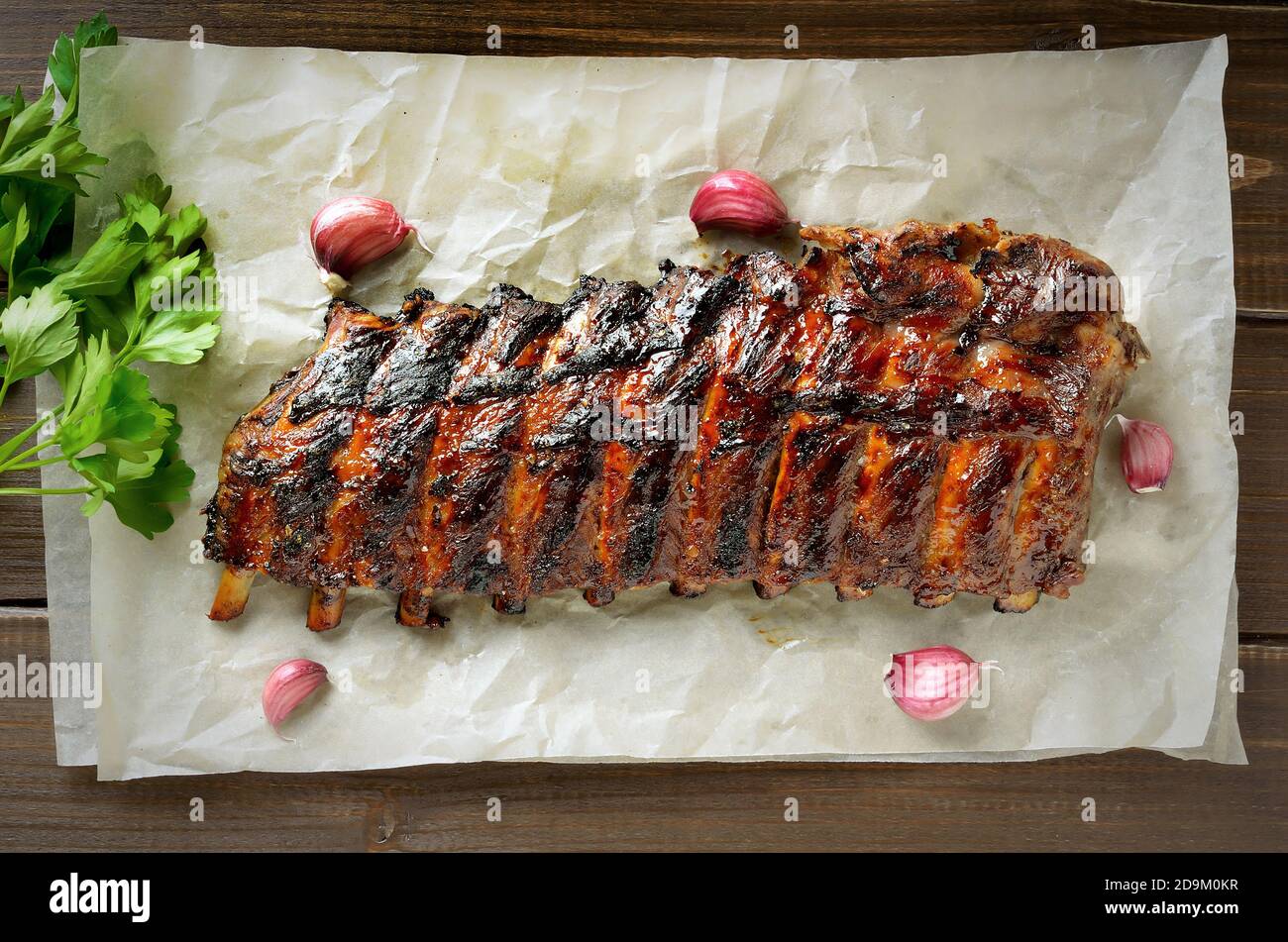 Grilled pork ribs. Top view, flat lay. Tasty bbq meat Stock Photo Alamy