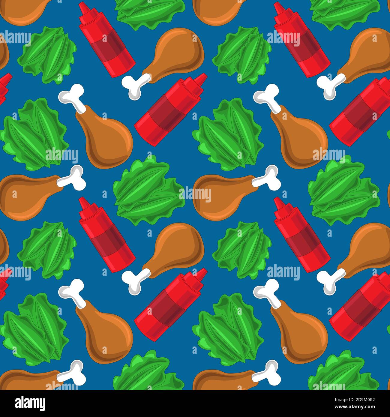 Seamless pattern with fried chicken, salad and ketchup Stock Vector