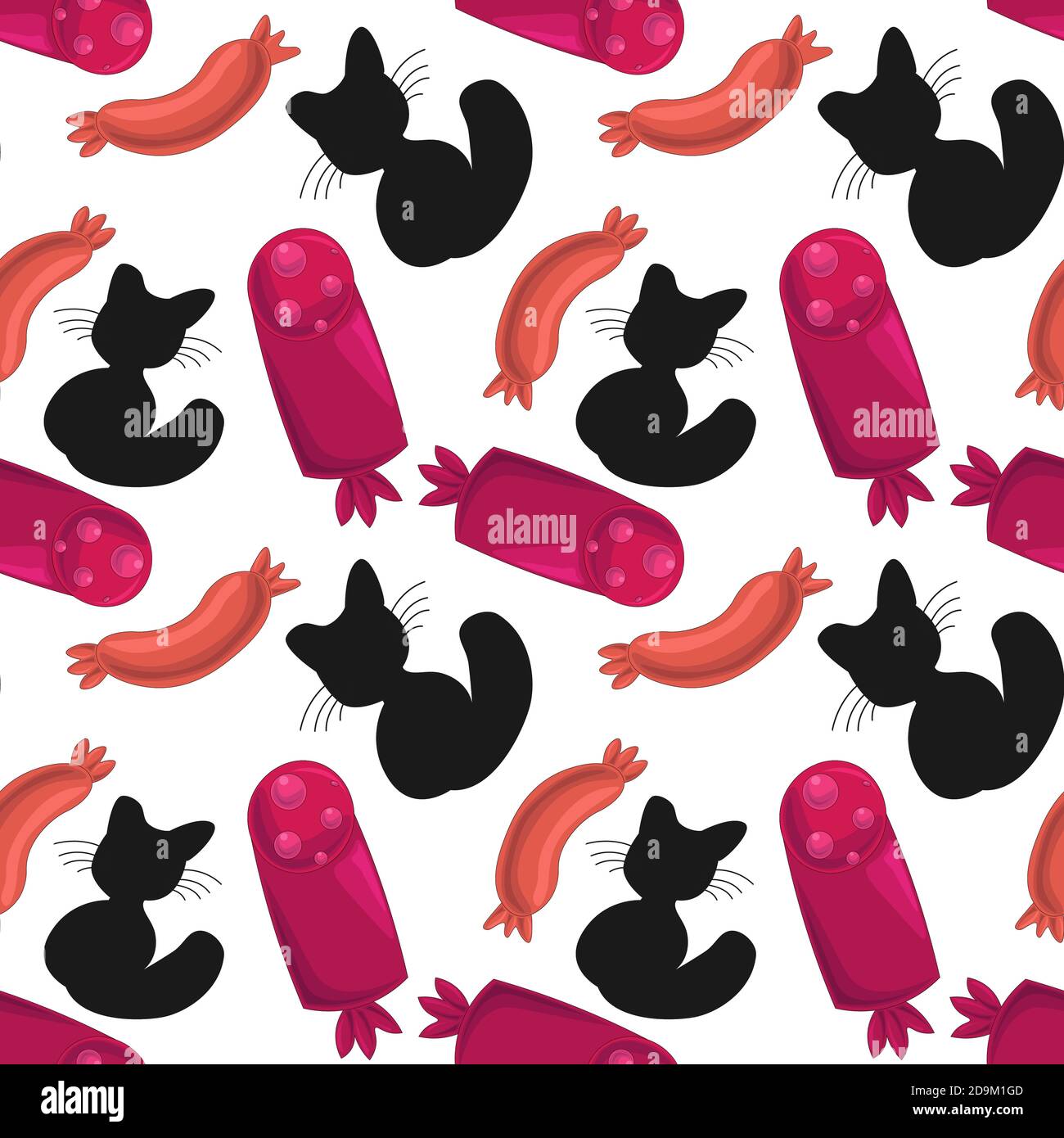 Seamless pattern with cat and tasty sausage Stock Vector