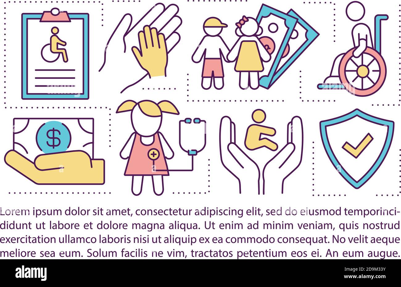 Disability benefits for children concept icon with text Stock Vector