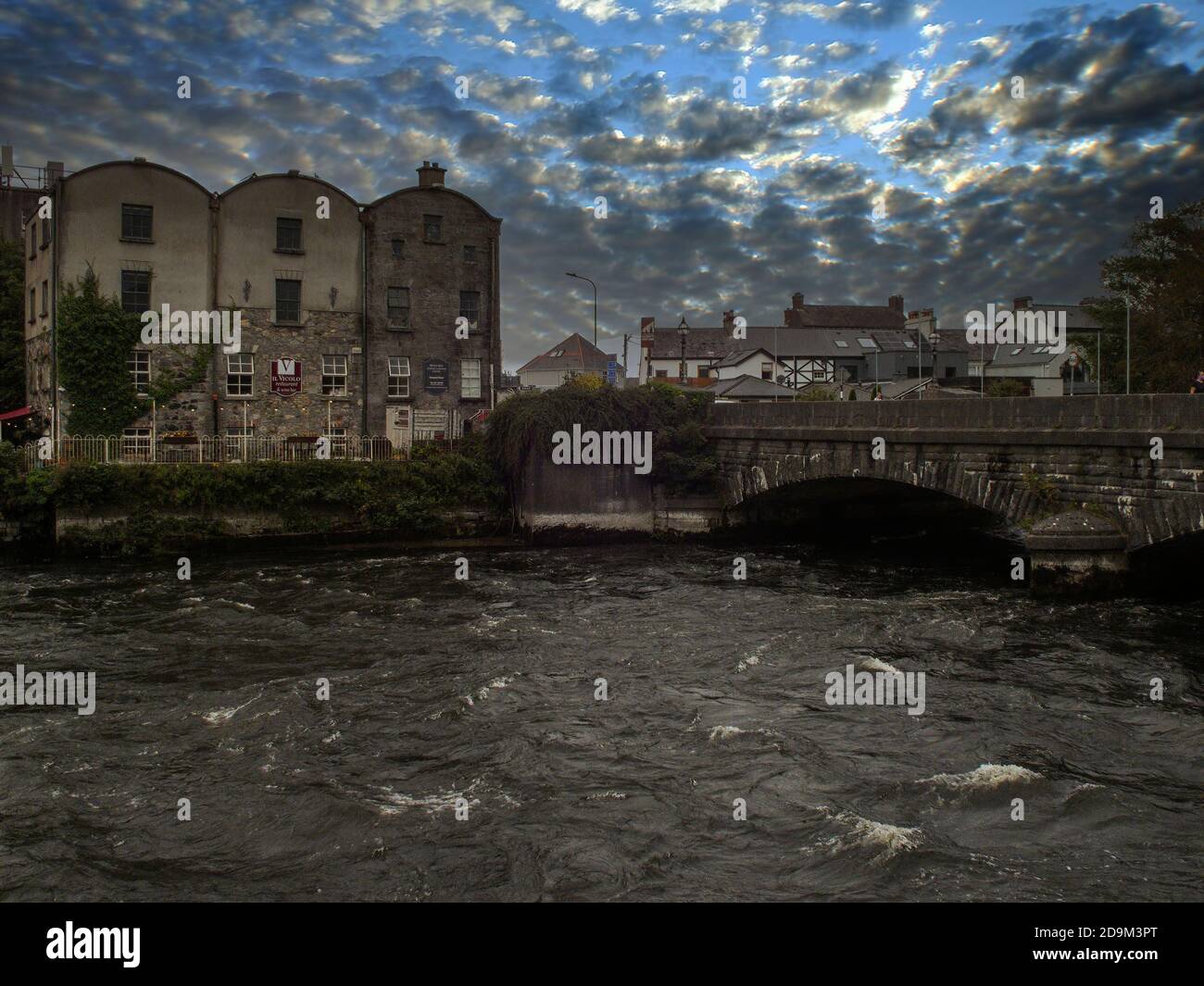 Wolfe Tone Bridge over Corrib River in the town of Galway, Ireland. Stock Photo