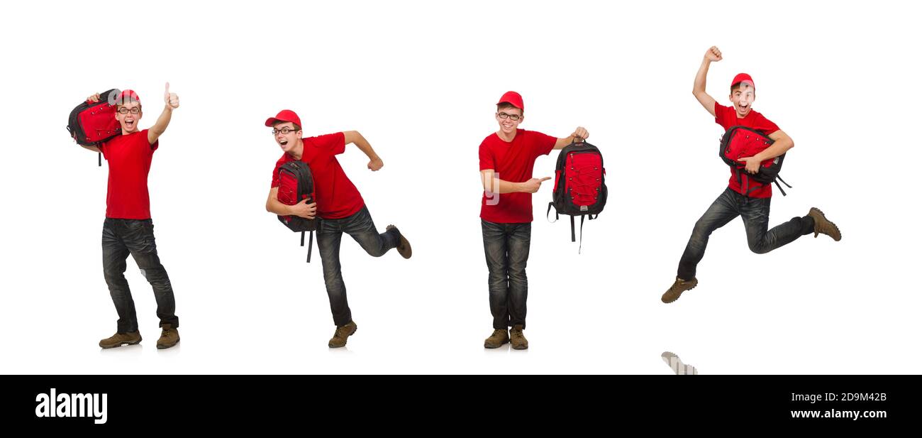 The young traveller with backpack isolated on white Stock Photo - Alamy