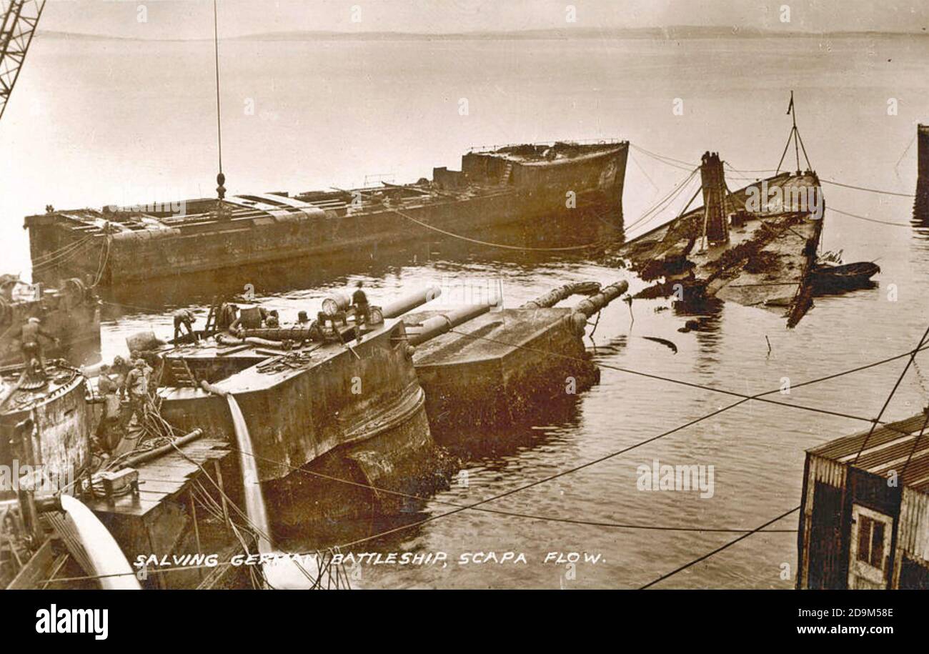 SALVAGING GERMAN SCUTTLED SHIPS IN SCAPA FLOW about 1925. Stock Photo