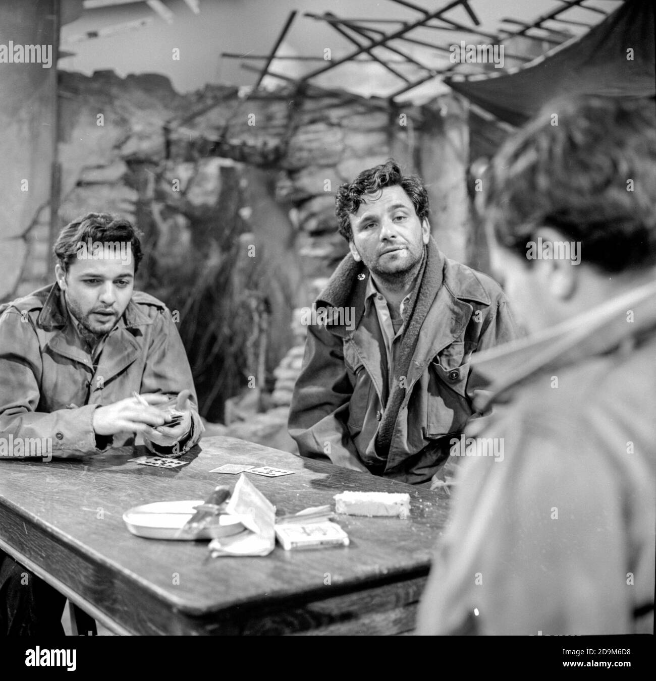 Sal Mineo and Peter Falk appear in the play A Sound of Hunting on the American TV drama anthology series The Dupont Show of the Week, broadcast on 20th May 1962 by NBC. It is a WWII drama set in Monte Cassino, Italy. Stock Photo