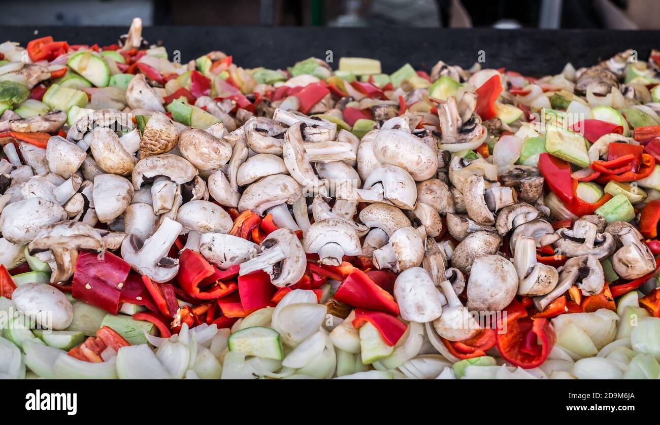 different vegetables in a frying pan Stock Photo