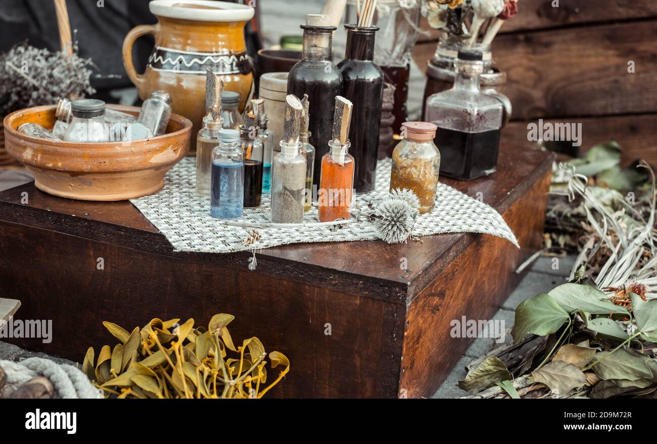 vintage solutions and magic potions plants Stock Photo - Alamy