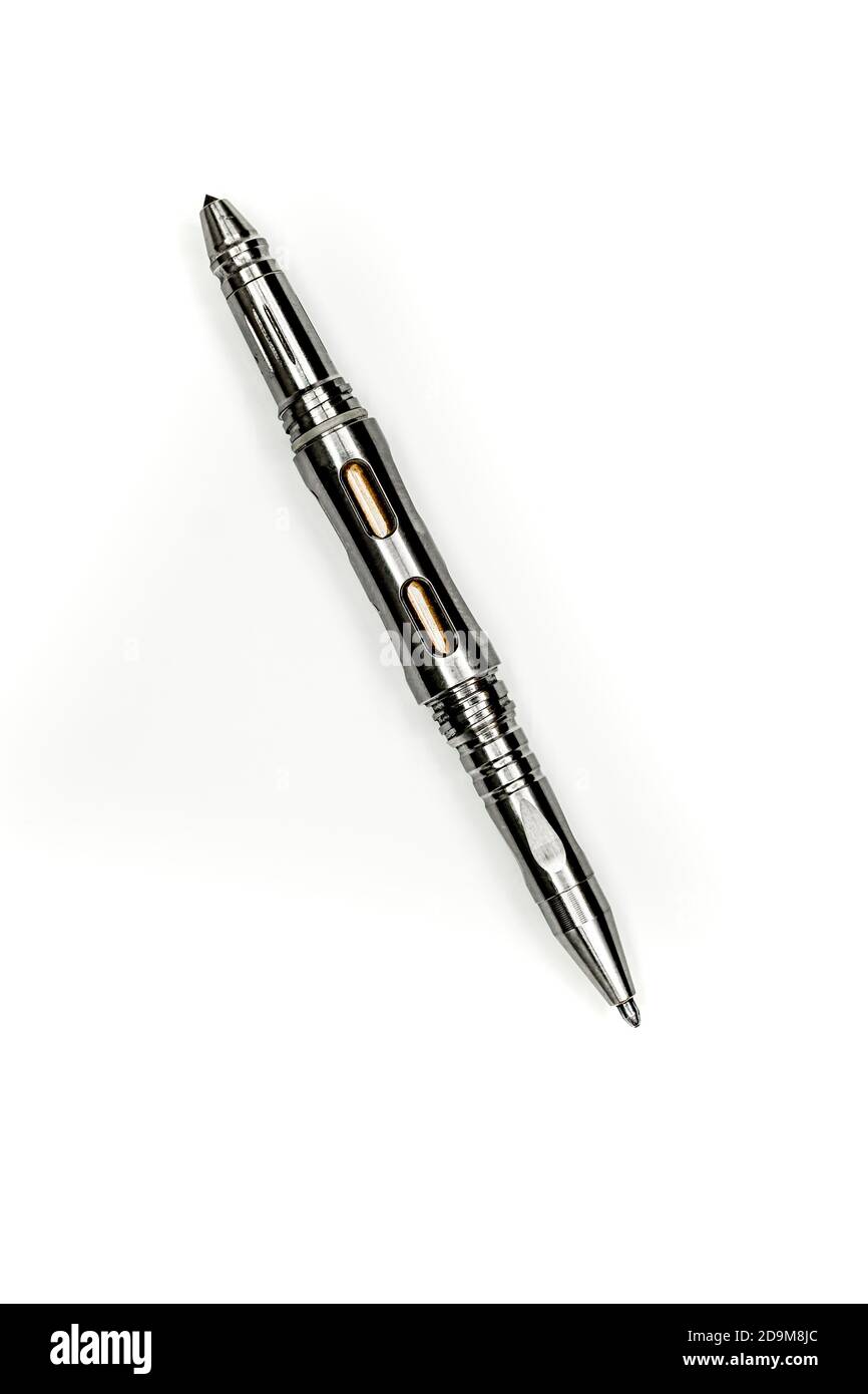 Titanium Tactical Ballpoint Pen on white background Stock Photo