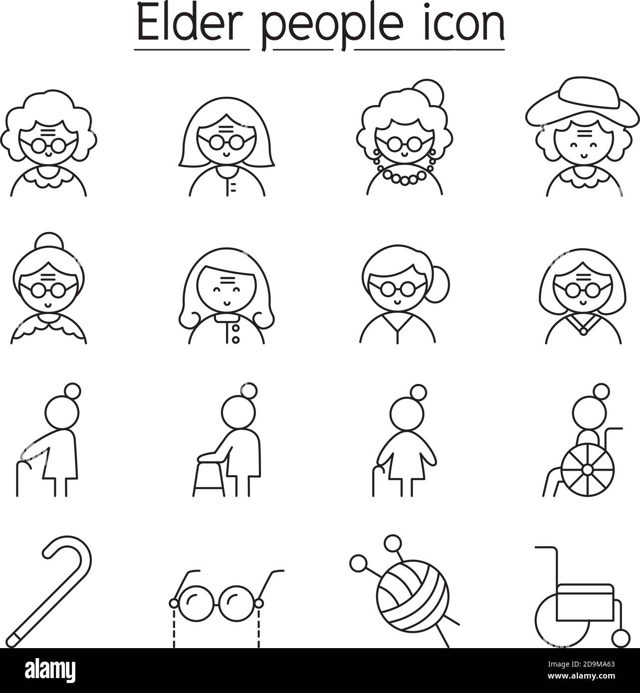 Elder woman, Grandmother icon set in thin line style Stock Vector