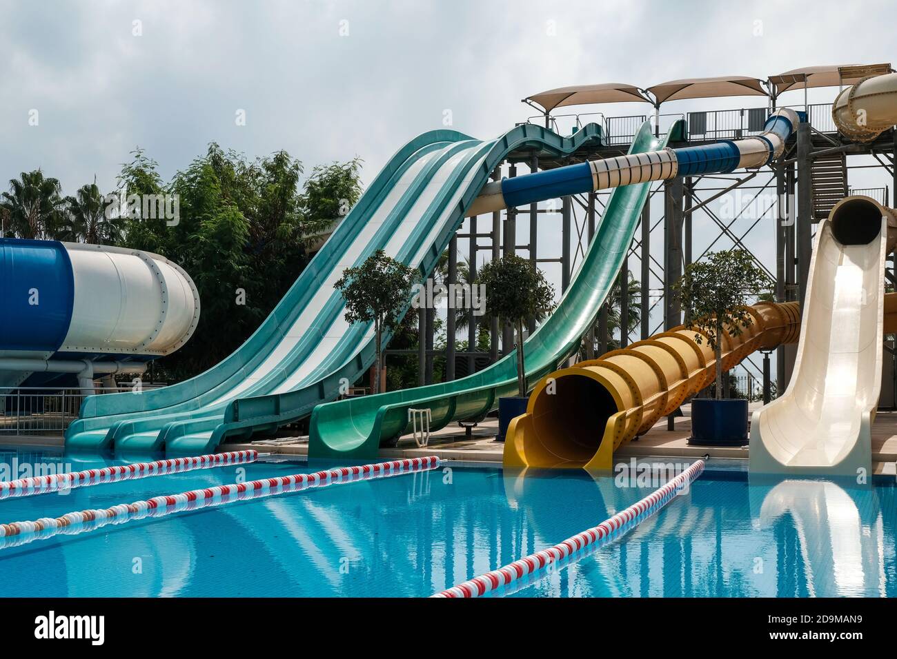 Fun fast slides in an aquapark. Summer vacation entertainment ideas