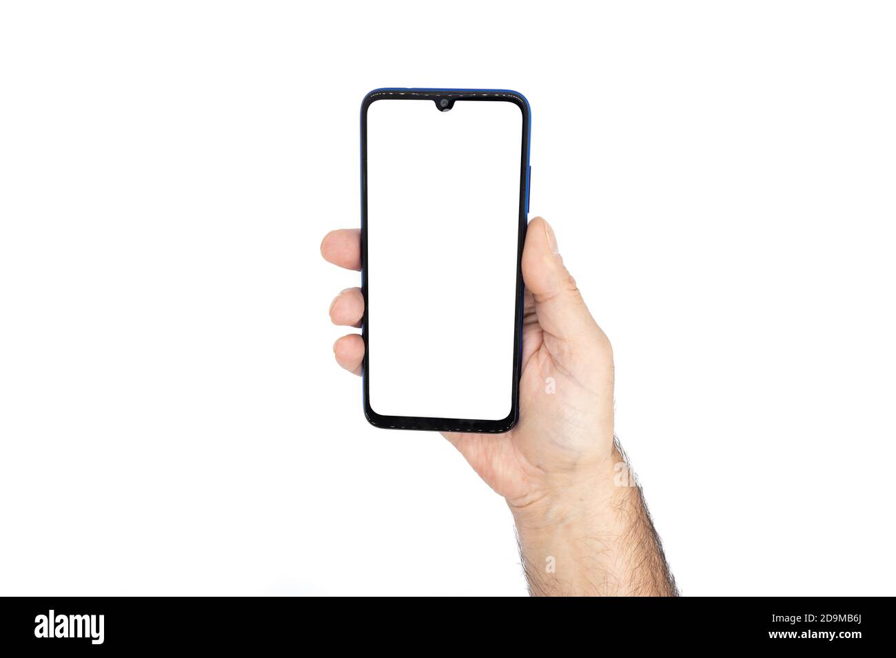 Holding the smartphone with blank screen and modern frameless design Stock Photo
