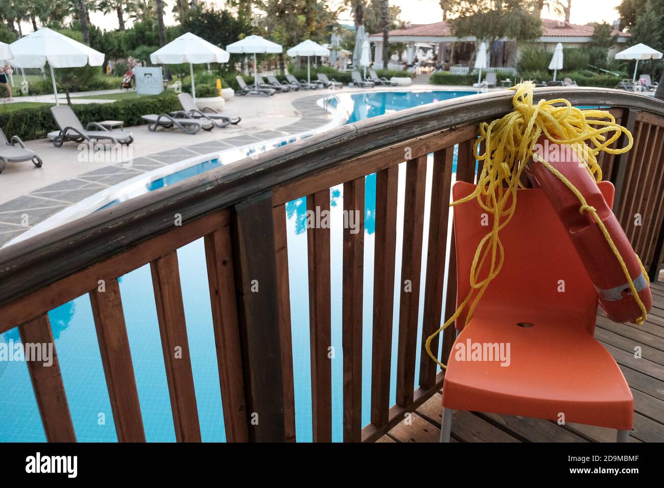 Belek, Turkey - October 2020: Life saving equipment at a turkish hotel. Safety measures near a swimming pool. Sun beds, beach umbrellas Stock Photo