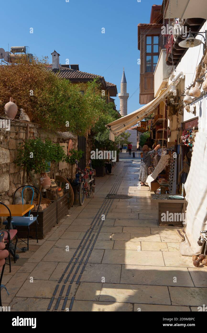 Small shops in Kaleici district narrow street in Antalya old town Stock Photo