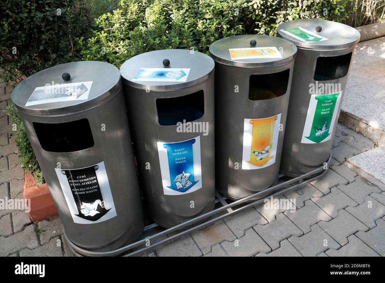 Belek, Turkey October 2020 Four various trash bins for recycling