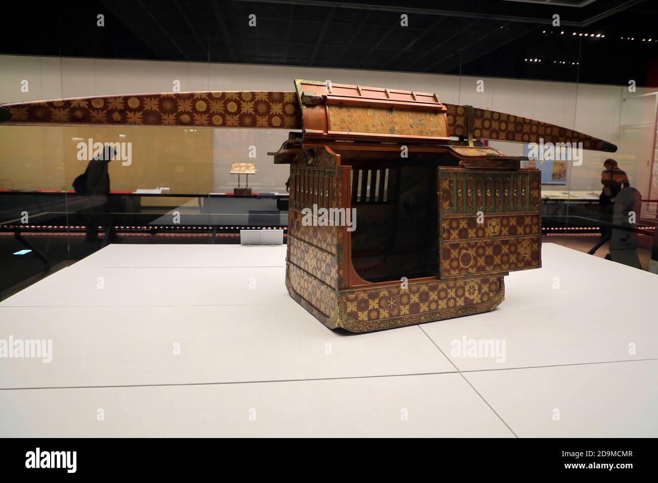 A woman's palanquin with maki-e lacquerware flower patterns design belonged to Tokugawa family display in Edo-Tokyo Museum.Tokyo.Japan Stock Photo