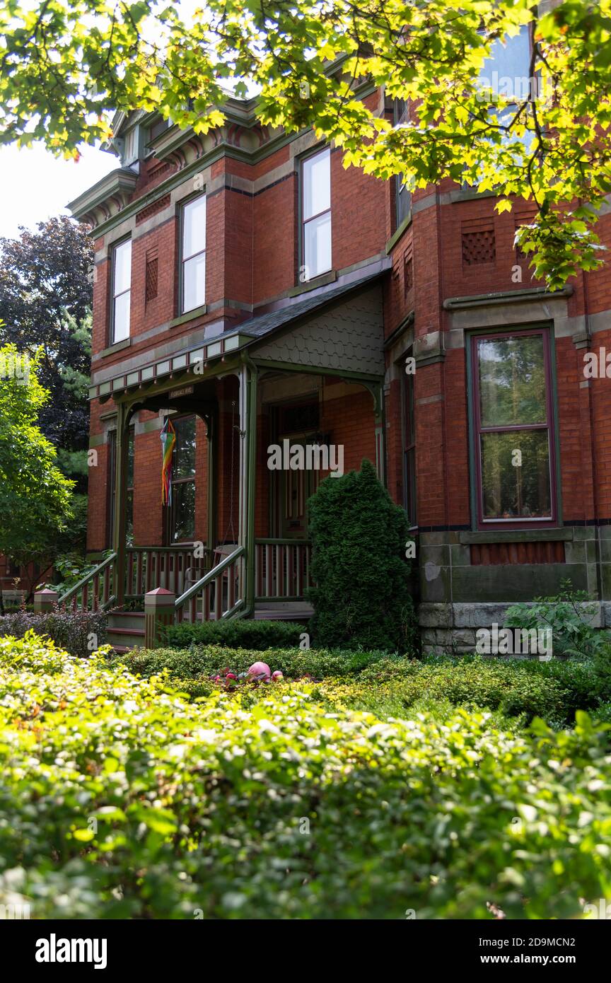 red brick row houses built by George Pullman in 1880 to house the workers at the Pullman Palace Car Company. Now National Register of Historic Places. Stock Photo