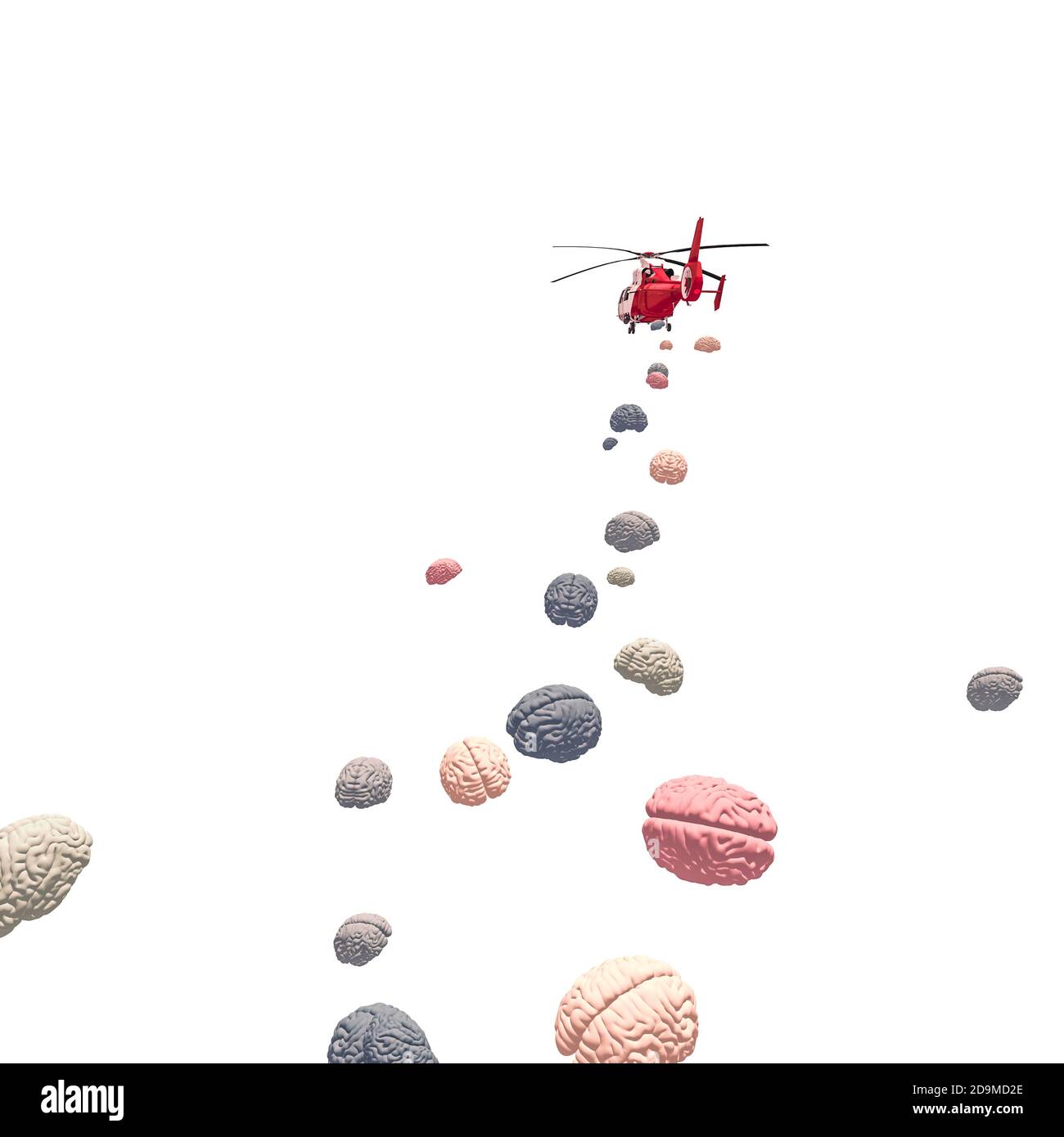 flying helicopter deploys brains. 3d render. nobody around. Stock Photo