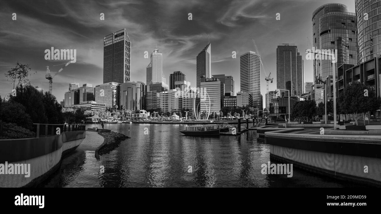 PERTH, AUSTRALIA - Oct 24, 2020: Monochrome image of Perth, Western Australia, from Elizabeth Quay Stock Photo