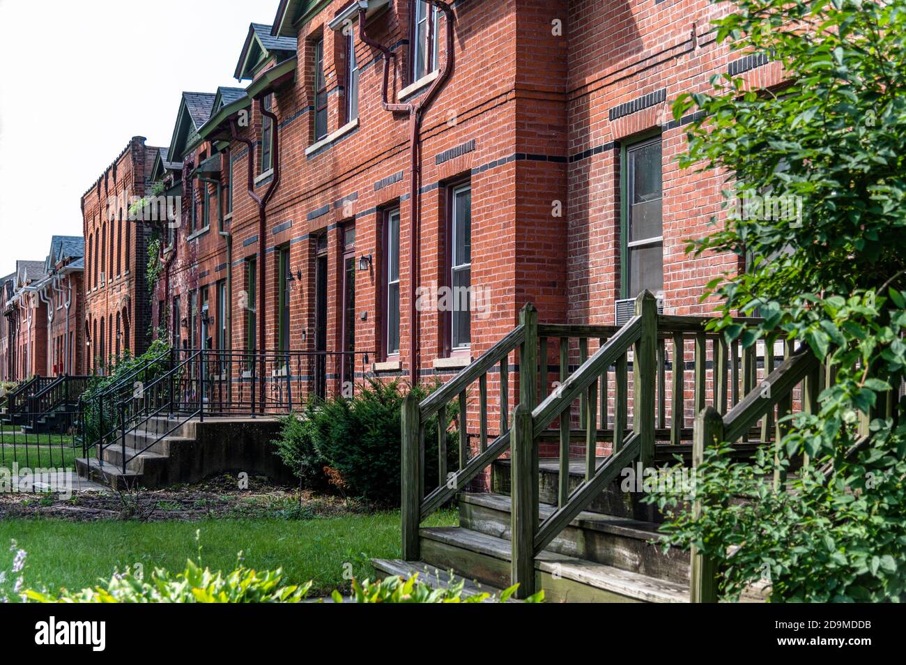 red brick row houses built by George Pullman in 1880 to house the workers at the Pullman Palace Car Company. Now National Register of Historic Places. Stock Photo