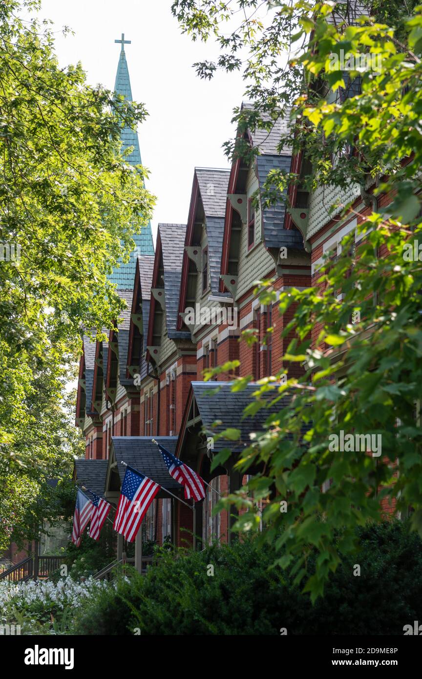 red brick row houses built by George Pullman in 1880 to house the workers at the Pullman Palace Car Company. Now National Register of Historic Places. Stock Photo