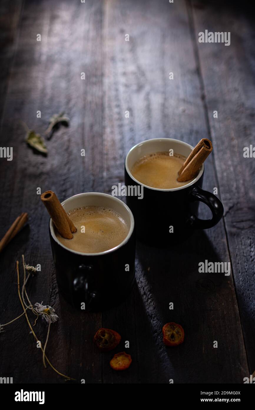 Morning coffee.Delicious breakfast with espresso.Healthy food and drink.Wooden table. Stock Photo