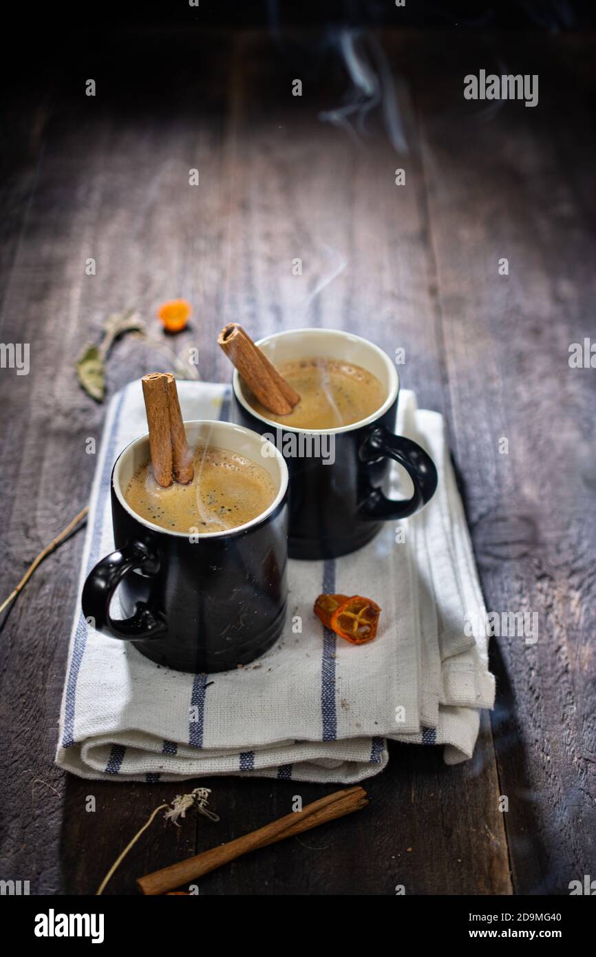 Coffee breakfast.Delicious food and drink.Aromstic espresso.Wooden table. Stock Photo