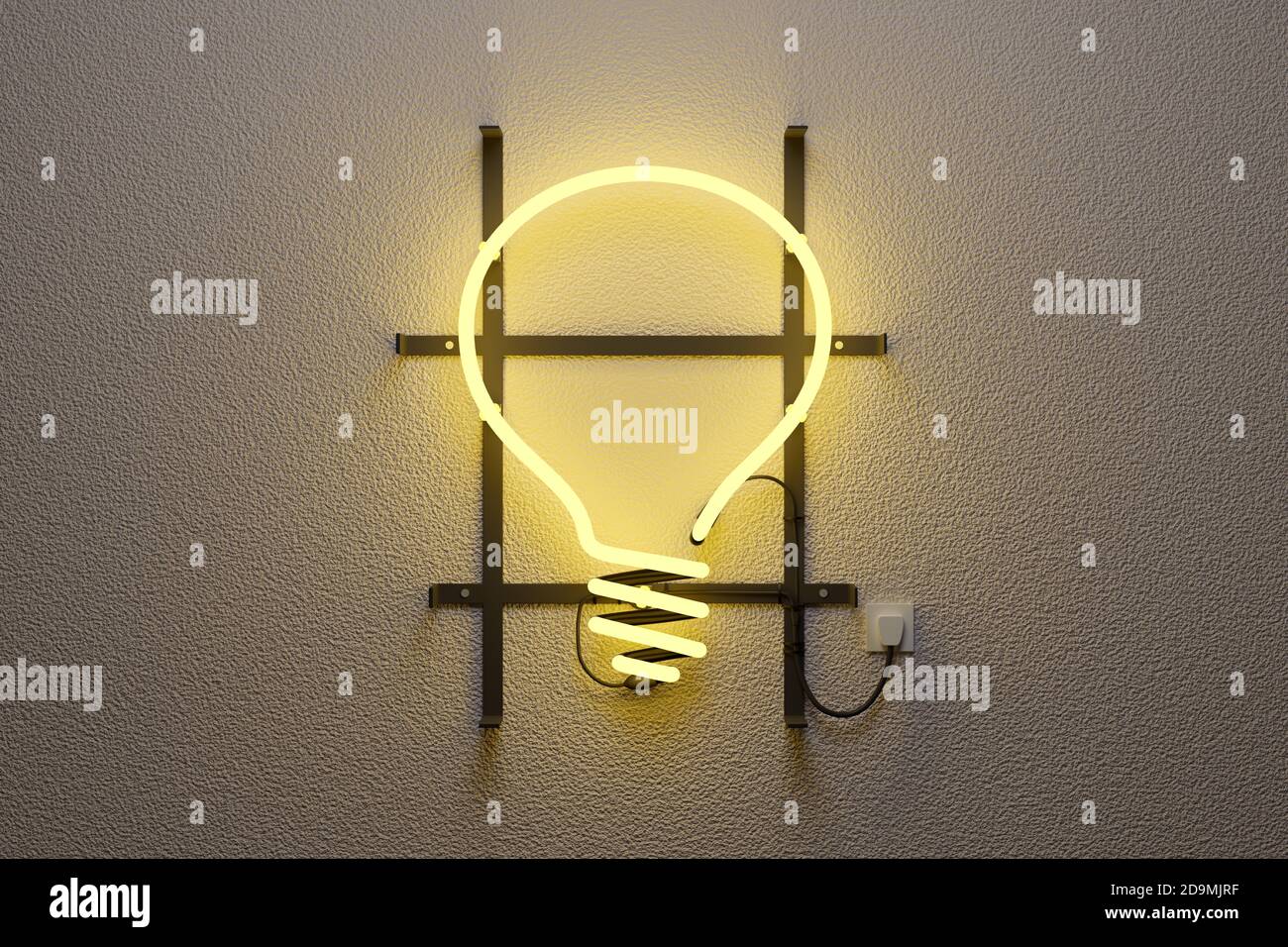 Realistic 3d illustration of yellow neon light with light bulb shape. Idea concept. 3d illustration. Stock Photo