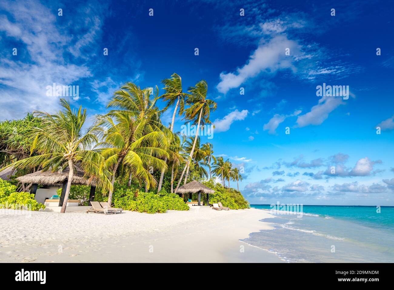 Tropical beach background as summer landscape with beach swing or hammock and white sand and calm sea for beach banner. Perfect beach scene vacation Stock Photo