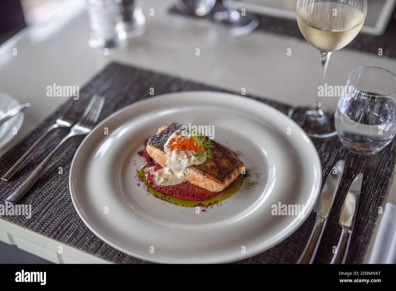 Table served in the restaurant. Luxury table setting, gourmet food background. Dining in elegant, top quality restaurant, modern table Stock Photo