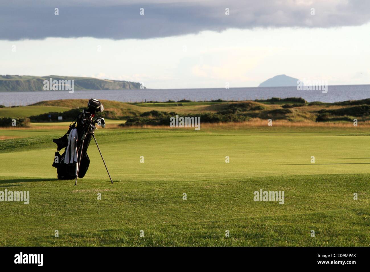 St Ninnians Golf Course, Prestwick, Ayrshire, Scotland, UK. A golf bag ...