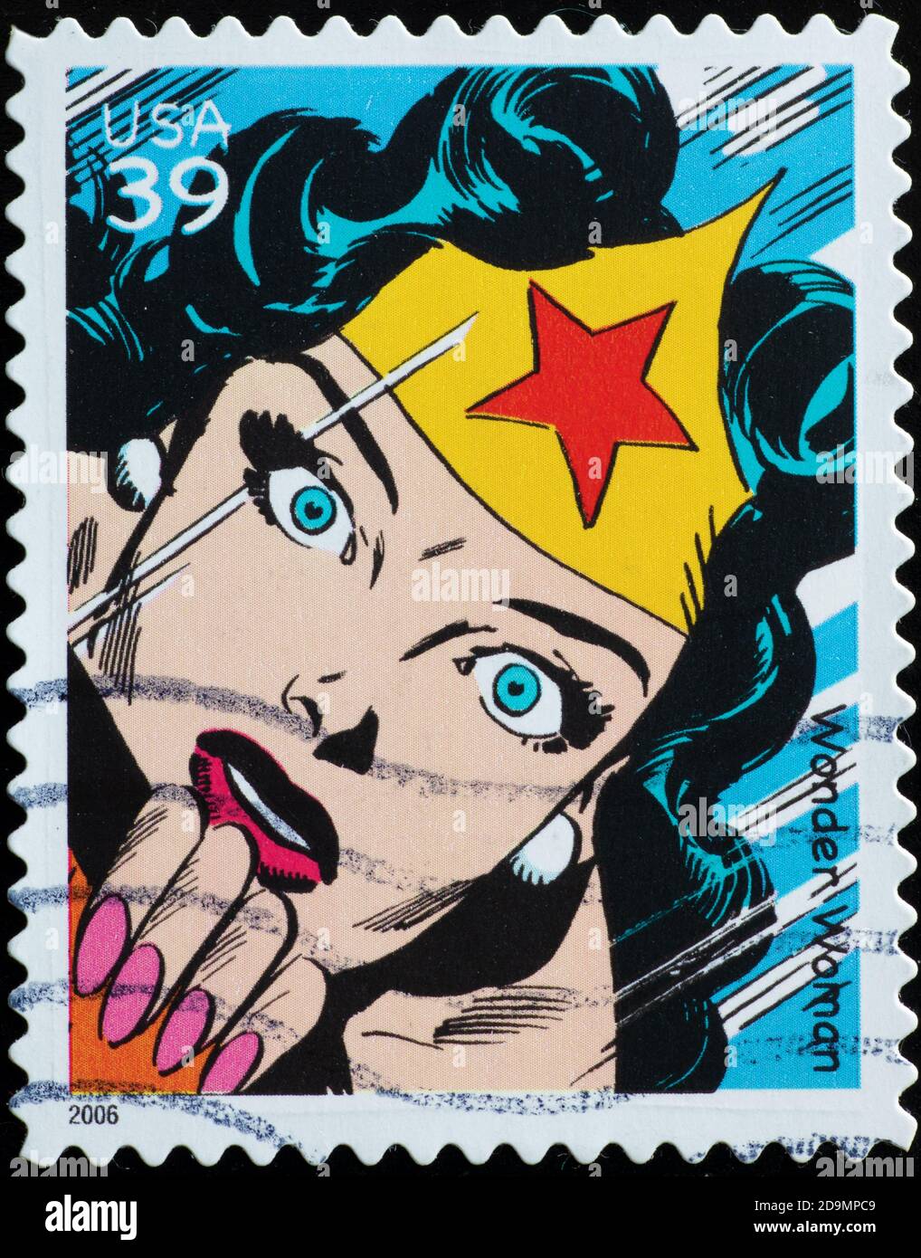Cartoon Wonder woman on american postage stamp Stock Photo