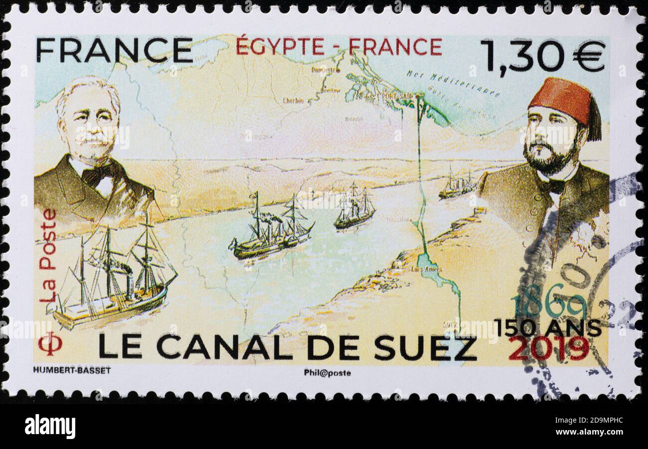 Celebration of Suez Canal on postage stamp Stock Photo - Alamy