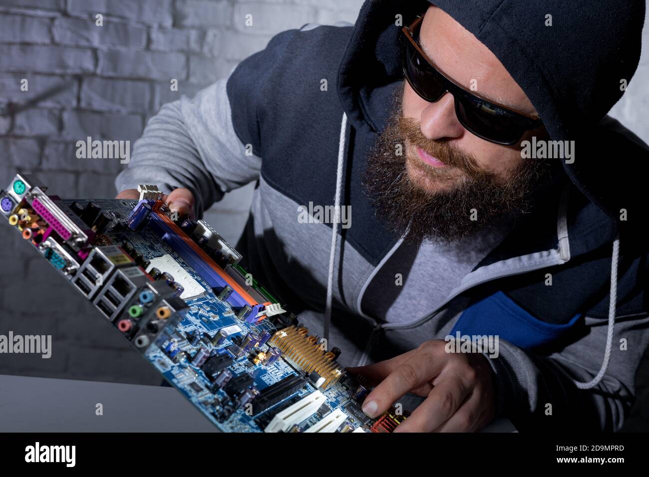 hardware hacking with javascript — smashing magazine... Bearded hacker in sunglasses and hoodie cracking the hardware studio ...