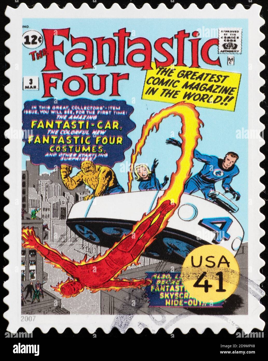 Cover of The Fantastic Four magazine on american stamp Stock Photo