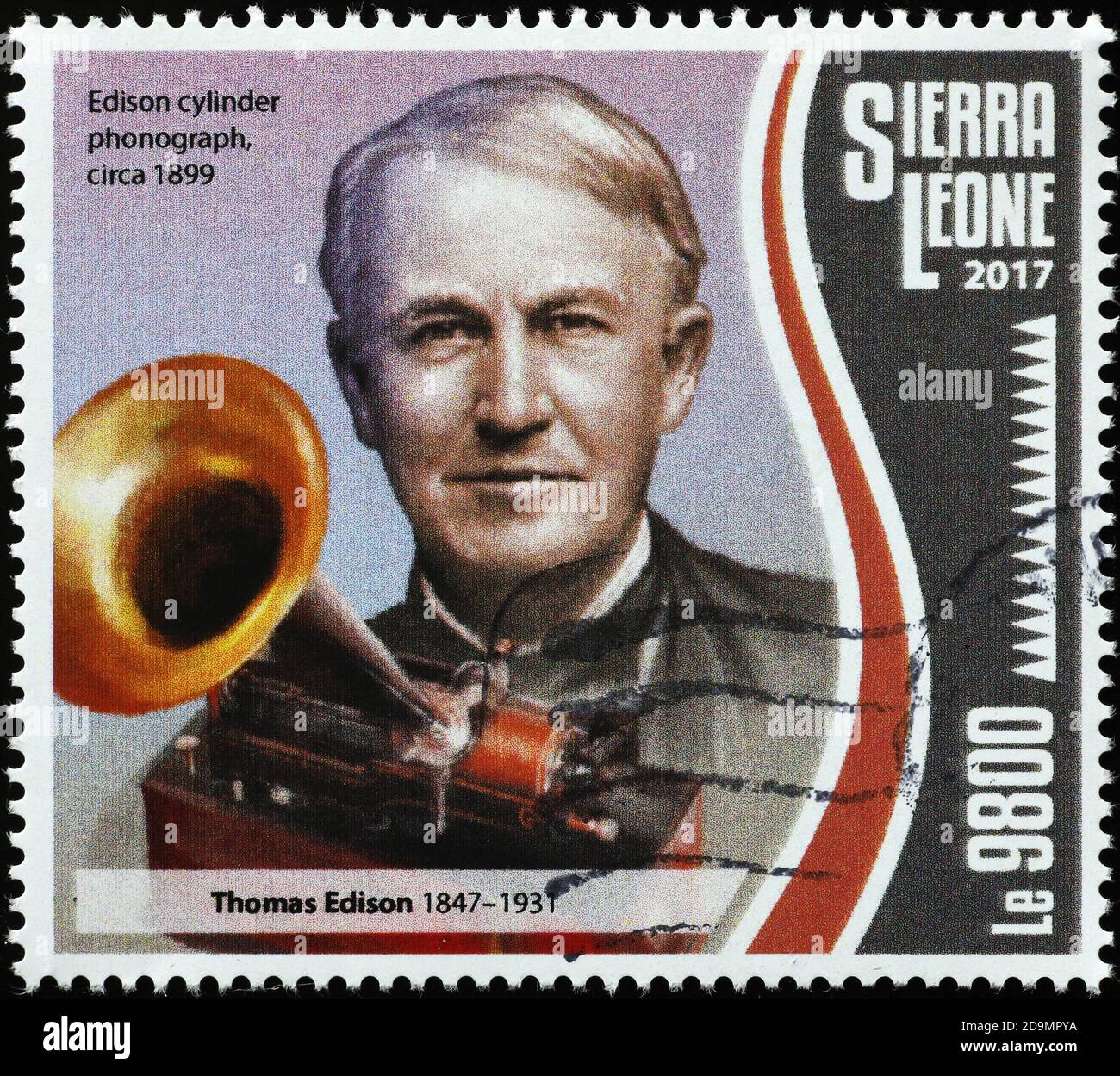 Cylinder phonograph invention by thomas Edison on stamp Stock Photo