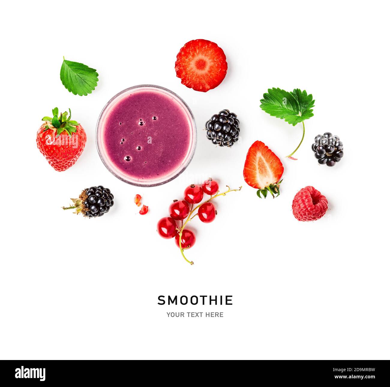 Smoothie, strawberry, blackberry, currant and raspberry creative layout on white background. Healthy eating and dieting food concept. Fresh summer fru Stock Photo