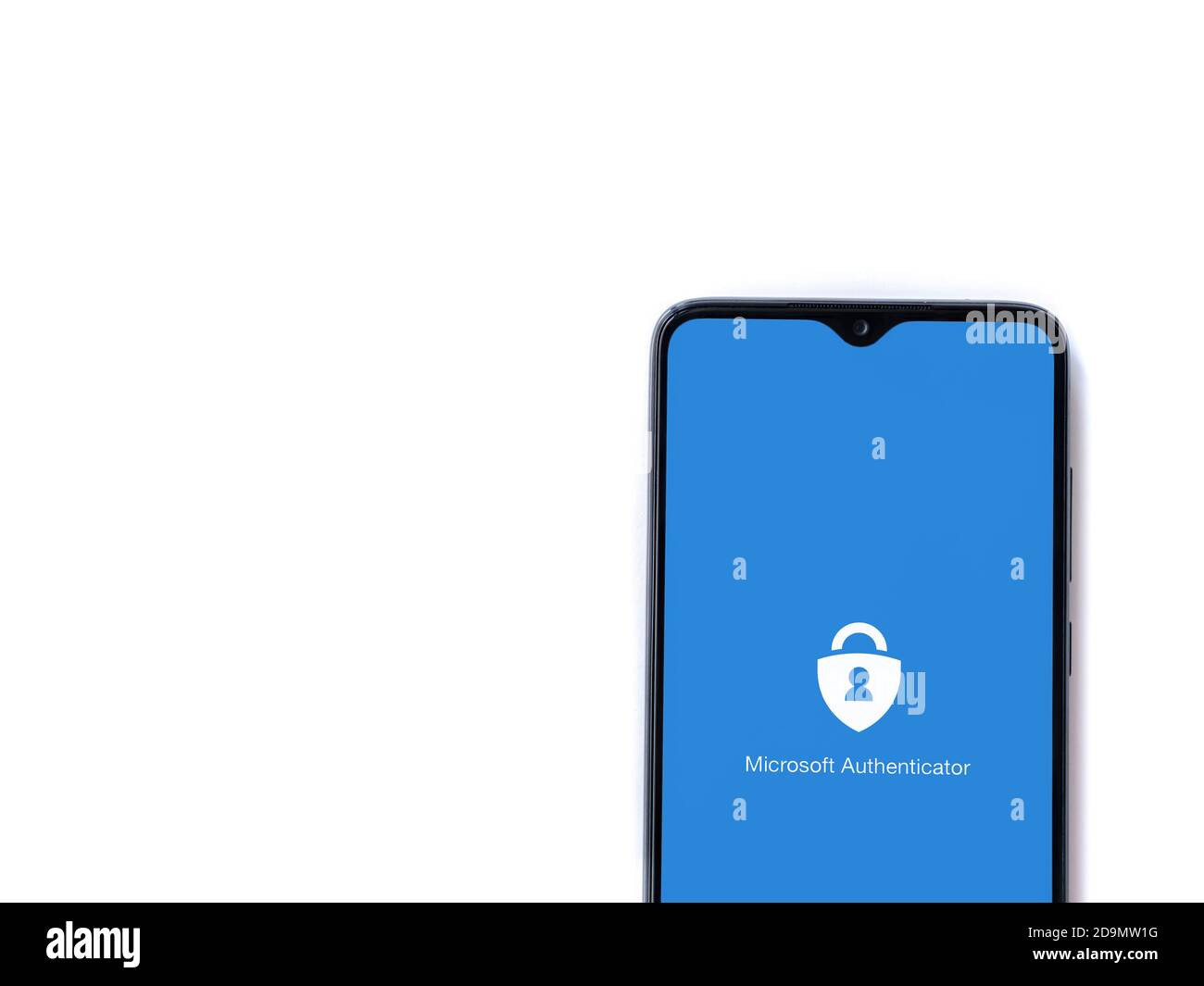Lod, Israel - July 8, 2020: Microsoft Authenticator app launch screen with logo on the display of a black mobile smartphone isolated on white backgrou Stock Photo