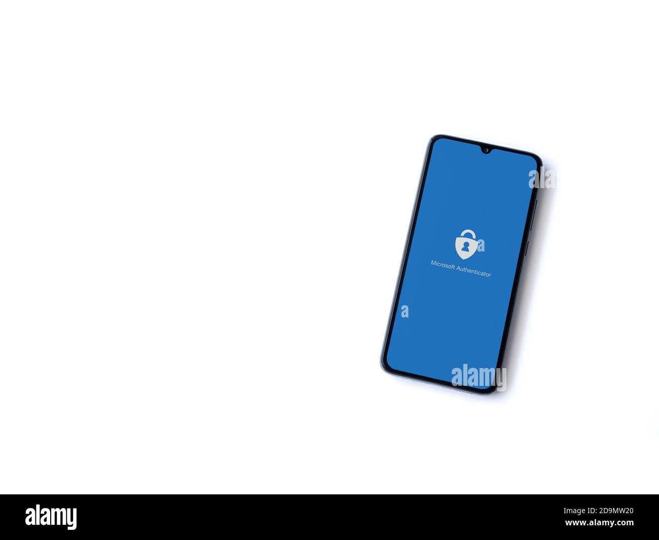 Lod, Israel - July 8, 2020: Microsoft Authenticator app launch screen with logo on the display of a black mobile smartphone isolated on white backgrou Stock Photo