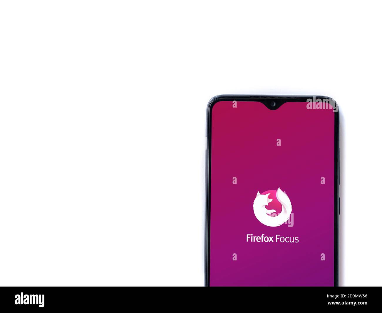 Lod, Israel - July 8, 2020: Firefox Focus app launch screen with logo on the display of a black mobile smartphone isolated on white background. Top vi Stock Photo