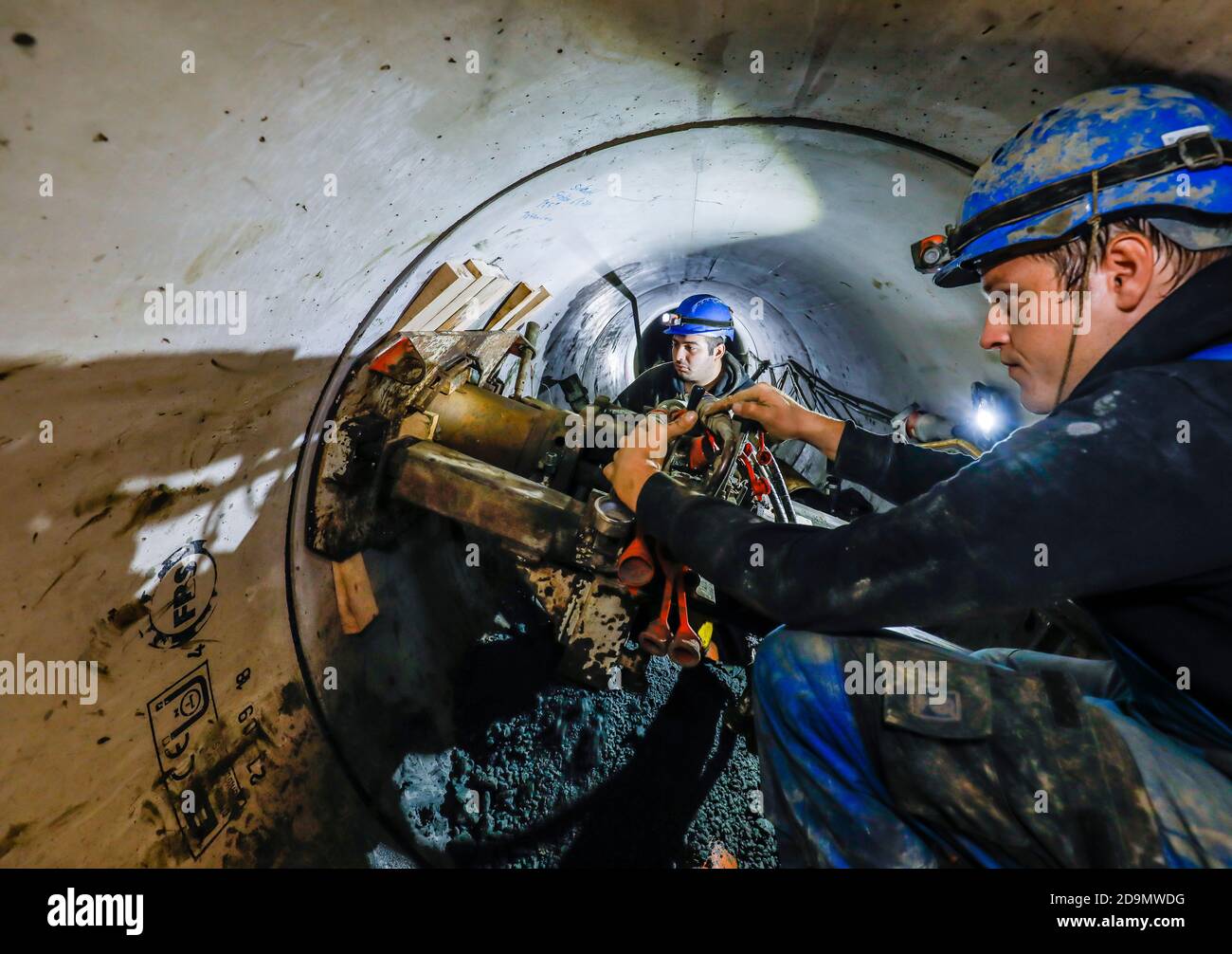 Essen, Ruhr area, North Rhine-Westphalia, Germany, house connection drillings from a newly laid sewer pipe. Stock Photo