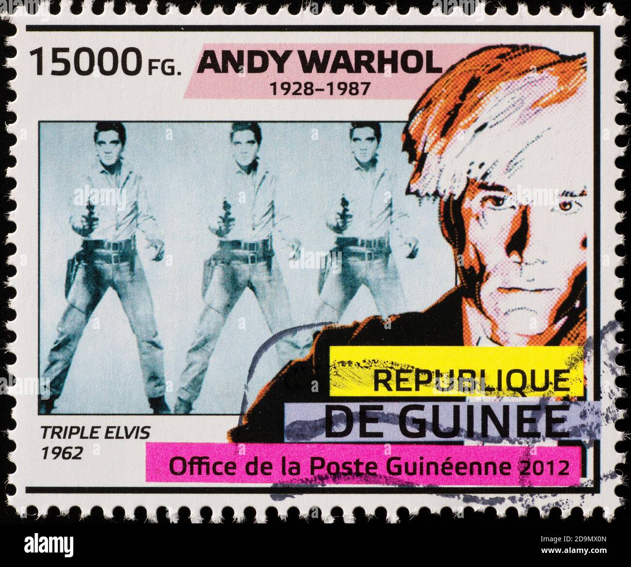 Portraits of Elvis Presley and Andy Warhol on stamp Stock Photo