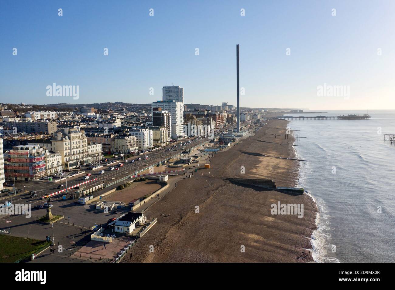 Aerial view along and over the seafront of Brighton City with the famous attractions in this popular resort.. Stock Photo