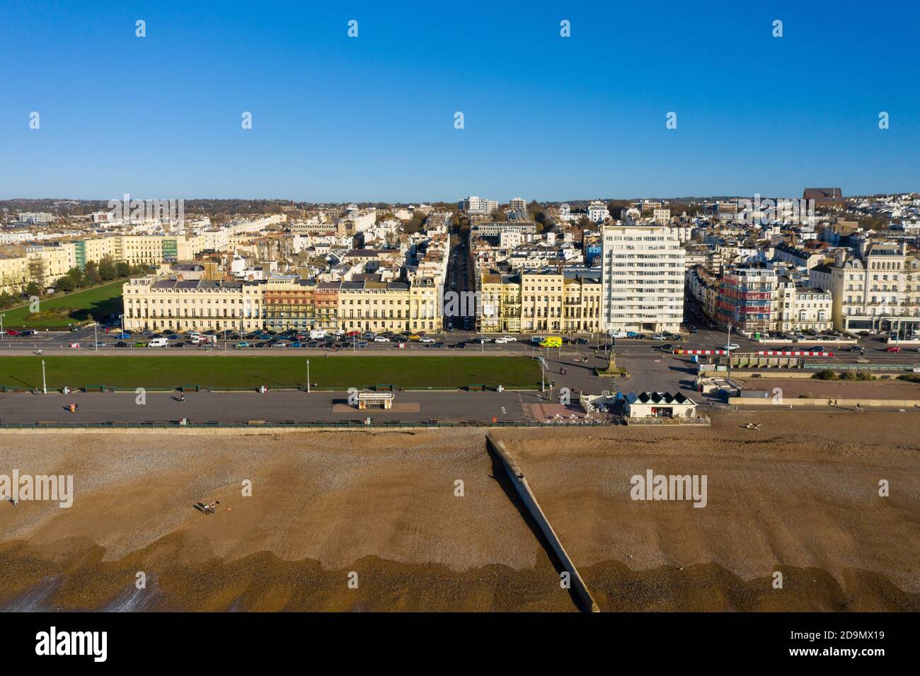 Aerial view of the historic Brighton and Hove seafront and promenade. Stock Photo