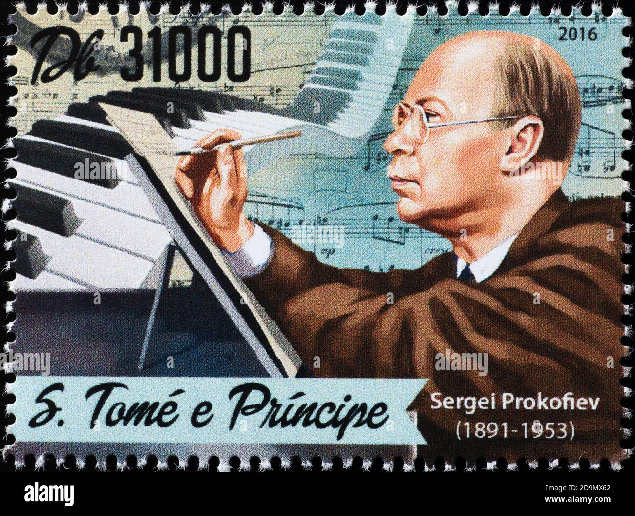 Sergei Prokofiev at work on postage stamp Stock Photo
