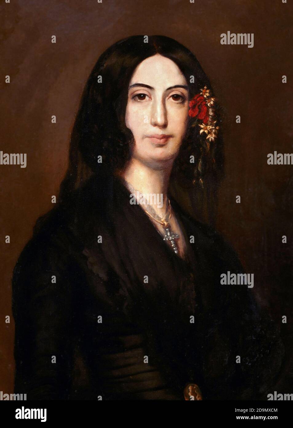 George Sand, portrait after Auguste Charpentier, c. 1838. The French writer, George Sand (Amantine-Lucile-Aurore Dupin: 1804-1876) was famous for her affair with the composer Frederic Chopin. Stock Photo
