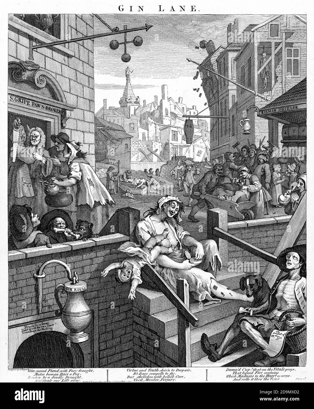 Gin Lane by William Hogarth (1697-1764), etching and engraving, 1751 Stock Photo