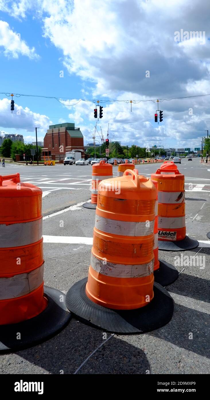 Boston, Massachusetts ,Highway cones to worn motorist of a construction site, Ticketed drivers receive double fines for speeding and their Driver's License is suspending after two convictions Stock Photo