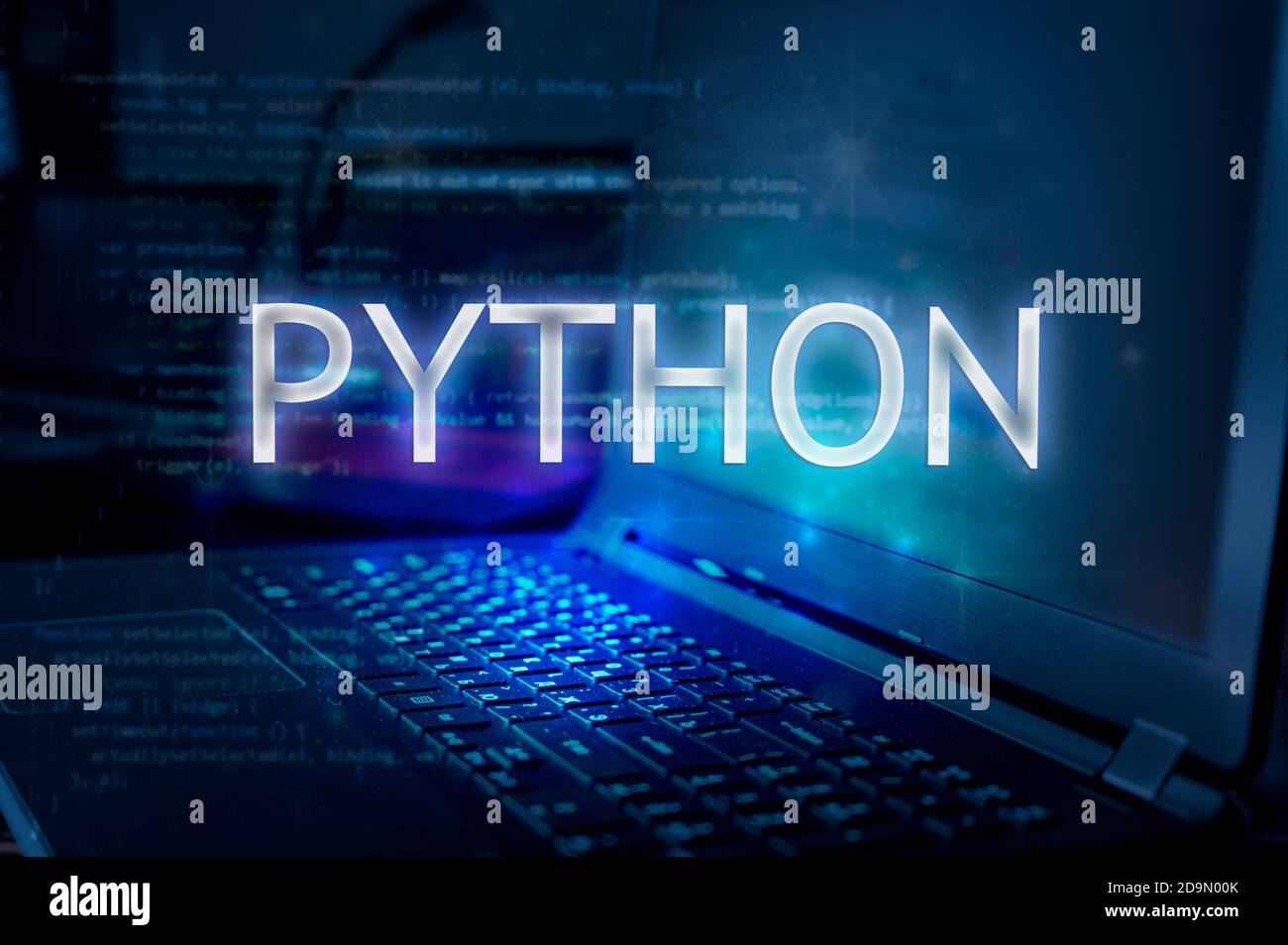 Python inscription against laptop and code background. Learn python programming language, computer courses, training. Stock Photo