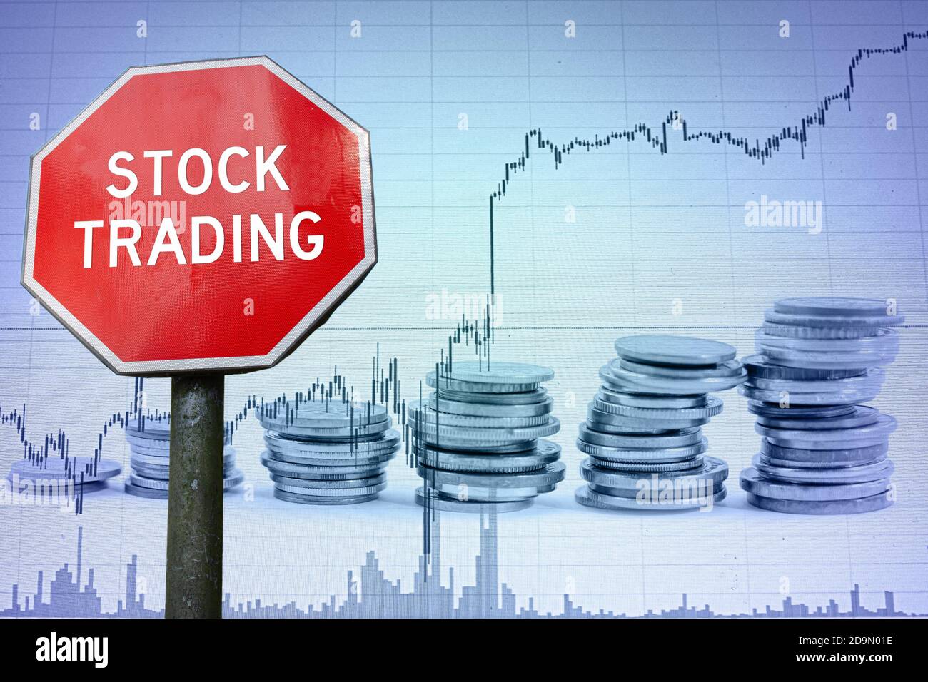 Stock trading sign on economy background - graph and coins. Making money in stocks and bonds. Stock Photo