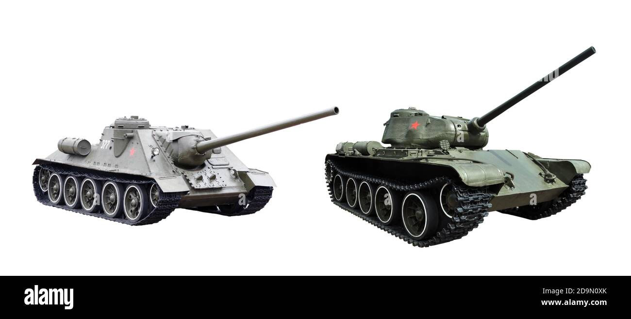 Soviet medium tank and selfpropelled gun . Isolate on white Stock